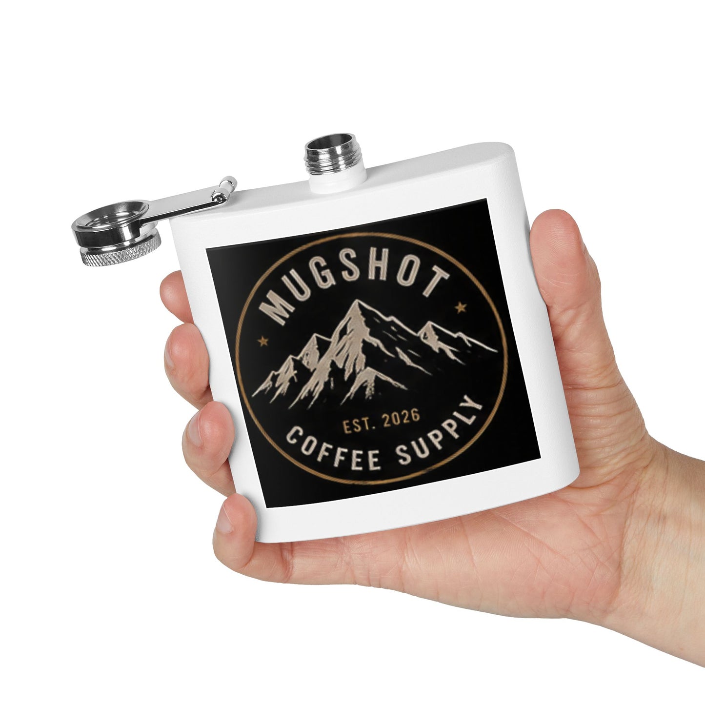 Mugshot Coffee Supply Stainless Steel Flask | Vintage Adventure Flask | Mountain Logo | 6 oz Pocket Flask